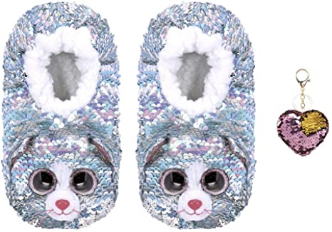 ReBL LLC Bundle of TY Reversible Flippable Sequin Slippers Beanie Boo Plush Footwear Whimsy Cat with One Keychain - Small (11-13)