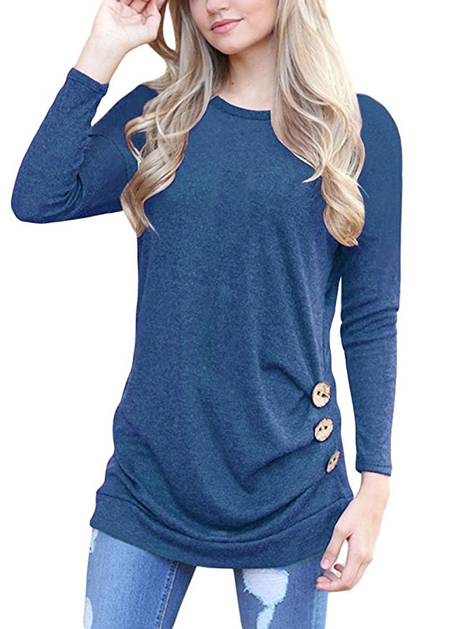 MIXMAX Women Long Sleeve Loose Button Trim Blouse solid color Round Neck Tunic T-Shirt Top