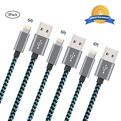 iPhone Charger Youer - 3Pcs 6FT iPhone Lightning Cable Nylon Braided 8pin to USB Charging Cord for Apple iPhone 7/7 plus/6/6s/se/5s/5c/5,iPad Air,Mini/iPod (Green & Black)