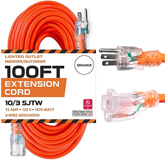 Iron Forge Cable 100 Foot Lighted Outdoor Extension Cord - 10/3 SJTW Orange 10 Gauge Extension Cable with 3 Prong Grounded Plug for Safety, 15 AMP - Great for Garden and Major Appliances