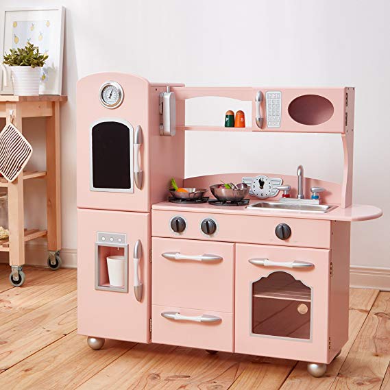 Teamson Kids - Retro Wooden Play Kitchen with Refrigerator, Freezer, Oven and Dishwasher - Pink (1 Pieces)