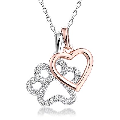 GuqiGuli Sterling Silver Good Luck Dog Paw with Rose Gold Heart Charms Pendant Necklace for Women, 18''