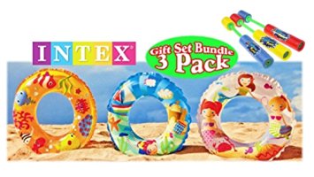 Sale 3 Pack 24" Intex Ocean Reef Transparent Swim Rings - Fish, Mermaid & Beach Gift Set Bundle - Bonus-Three 8" Foam Water Pump Shooters