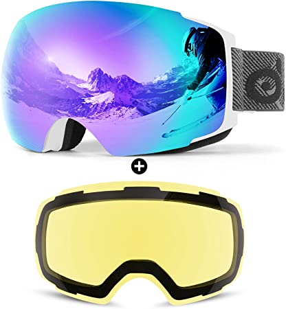 Odoland Ski Goggles, OTG and UV Protection Snowboard Goggles with Magnetic Interchangeable Lens for Men & Women