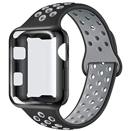 ADWLOF Compatible with Apple Watch Band with Case 38mm 40mm 42mm 44mm, Silicone Replacement Strap with Screen Protector Cover for Wristband for iWatch Series 4/3/2/1, Nike , Sport, Edition,S/M,M/L