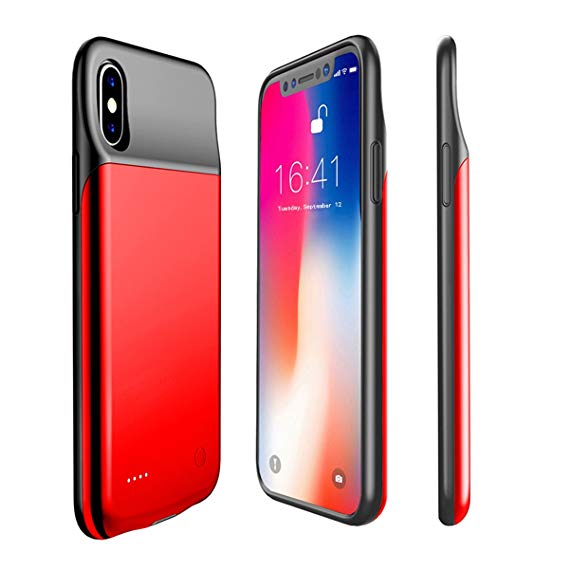 A-TION Battery Case 3200mAh Slim Portable Extend Charger Case, Supports Wired Headset/Bluetooth Earphone/Lightning Cable Rechargeable Power Bank Charging Case for iPhone X - Red