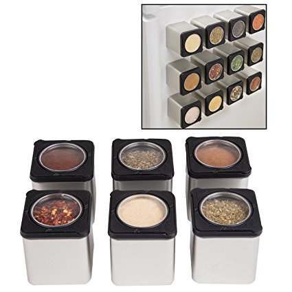 Magnetic Spice Jars - Tins Attach to Most Refrigerator Doors - Shake or Pour Containers - (Set of 6 Dispensers)