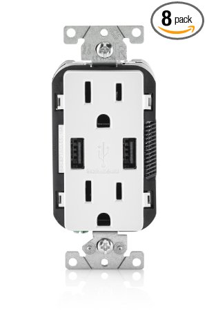 Leviton T5632-W USB Charger/Tamper-Resistant Duplex Receptacle, 15-Amp, 8-Pack, White