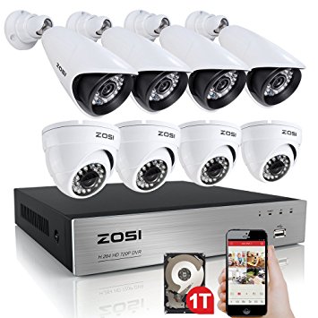 ZOSI CCTV System H.264 8CH 720P DVR Recorder 4x 1280TVL Waterproof Bullet Camera   4x dome Camera CCTV System Security Camera System DVR Kit with 1TB hard disk