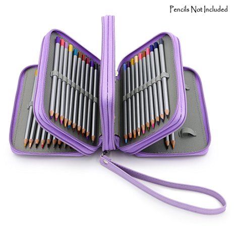BTSKY PU Leather Colored Pencil Case with Compartments-72 Slots Handy Pencil Bags Large for Watercolor Pencils, Gel Pens and Ordinary Pencils (Purple)