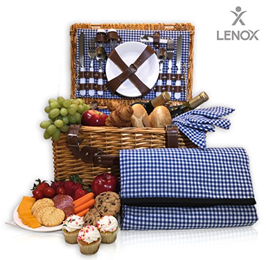 Picnic Basket Set - 4 Person Picnic Hamper Set - Waterproof Picnic Blanket Ceramic Plates Metal Flatware Wine Glasses S/P Shakers Bottle Opener Blue Checked Pattern Lining Picnic Set