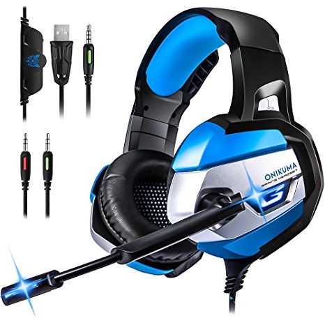 Gaming Headset for PS4, Xbox One(adapter needed)/S/X,PC, ONIKUMA Stereo Noise Canceling Over Ear Headphones with Mic, LED Light, Soft Memory Earmuffs for Nintendo Switch (Audio) Laptop Mac