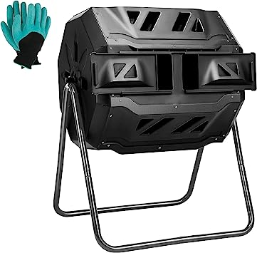 LUCKYERMORE Tumbling Composter 42 Gallon Compost Tumbler Outdoor Compost Bin Dual Chamber Composting Tumblers BPA Free Material with Secure Sliding Doors for Garden Yard Outdoor