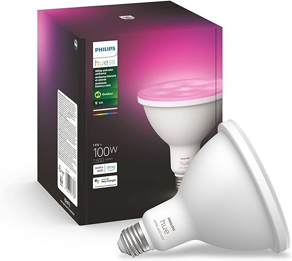 Philips Hue Smart 100W PAR38 LED Bulb - White and Color Ambiance Color-Changing Light - 1 Pack - 1300LM - E26 - Outdoor - Control with Hue App - Works with Alexa, Google Assistant and Apple Homekit