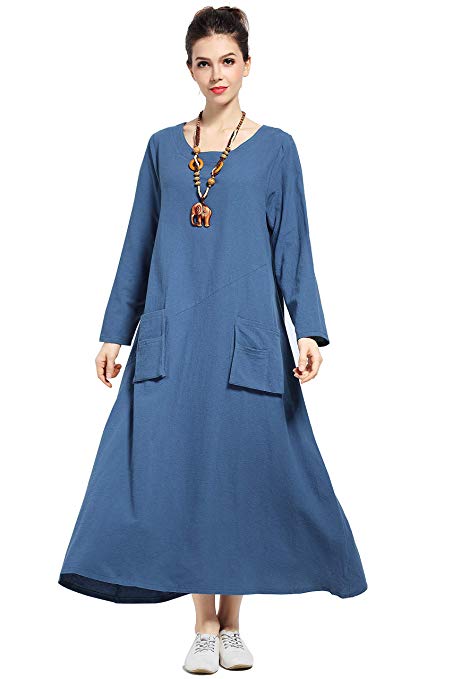 Anysize Spring Summer Dress Linen&Cotton Front Pockets Plus Size Dress F132A