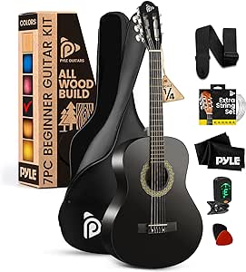 Pyle Beginner Acoustic Guitar Kit, 1/4 Junior Size All Wood Instrument for Kids, Adults, 30" Black Matte