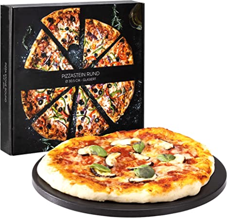 Navaris Large Pizza Stone for Baking - Glazed Round Cordierite Pizza Stone Plate for BBQ Grill Oven - Serve Bread Cheese - Incl. Recipe Book - 30.5 cm