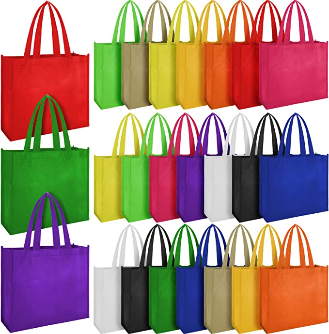 24 Pack Reusable Gift Bag with Handles Multi Color Grocery Bags Large Foldable Shopping Tote Bags Strong Fabric Cloth Washable Grocery Tote Bags for Gifts Birthdays Party Grocery Shopping Stores