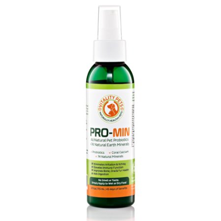 Pro-min All Natural 4fl Oz Spray-on Meals Pet Probiotic Supplement for Dogs and Cats with 74 Natural Minerals and Calcium Added. Tasteless, Odorless, and Clear. USA FDA Registered Manufacturer. Eliminates Diarrhea, Irregularity, Vomiting, Upset Stomach, Stinky Gas, Foul Breath, Uncomfortable Itching and Scratching of Problem Skin. Greatly Improves Bone, Oral and Fur Health. 45 Days of Benefit. Results should be seen within 3-6 weeks or much sooner.