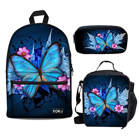 Bigcardesigns Blue Butterfly Backpack Canvas School Bag with Lunch bag Pencil Bag Set for Women Girls