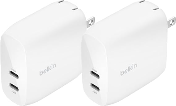 Belkin BoostCharge Dual USB-C Wall Charger with PPS 60W for Apple iPhone, iPad, Samsung Galaxy, Google Pixel - Compatible w/USB-C to Lightning Cable & USB-C to USB-C - White (2-Pack)