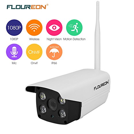 FLOUREON 1080P Outdoor Wireless WiFi IP Camera 2.0 Mega Pixel Home Security Bullet Camera Waterproof Support Two-Way/ONVIF/Motion Detection/ Video Recorder
