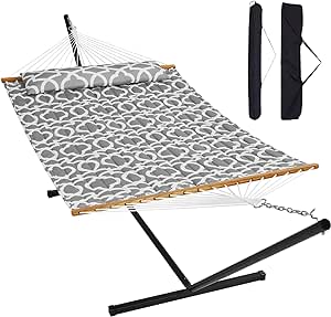 VEVOR Double Hammock with Stand Outdoor 2 Person Hammock for Outside Heavy Duty 480lb Large Free Standing Hammock Double Quilted Fabric Hammock with Portable Stand, Detachable Pillow & Bag