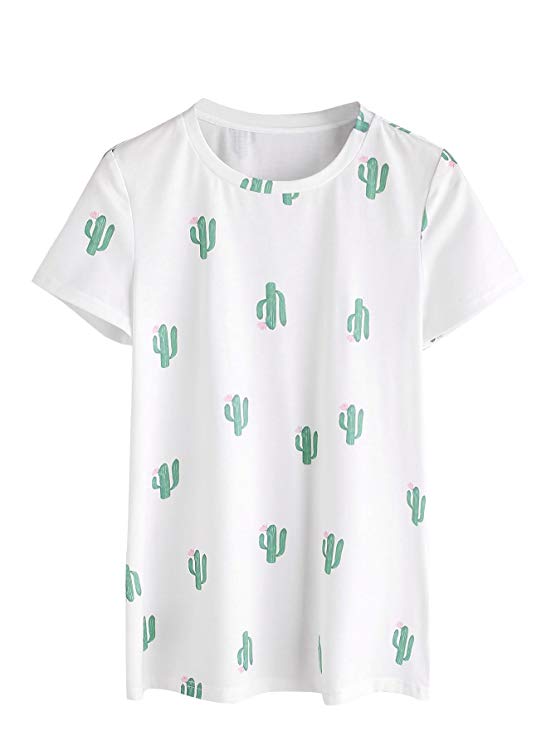 Romwe Women's Casual Tunic Top Plant Logo Allover Cartoon Cacti Cactus Graphic Print Tee Shirt
