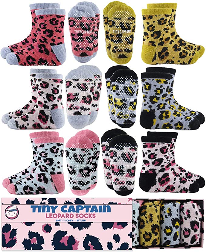 Tiny Captain Baby Toddler Girls Socks Non Slip Grips Leopard Cheetah Print Animal 1-3 Year Old Gift Set