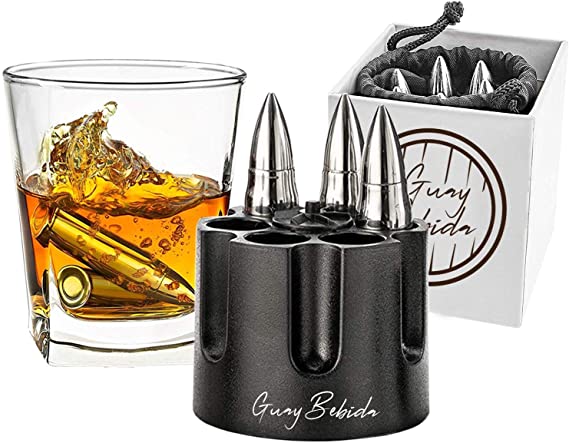 Guay Bebida Stainless Steel Chilling Ice Bullets with Pouch - Reusable Stone Chiller On the Rocks Cold Drinks for Whiskey, Scotch, Bourbon, Soda, Beer - In Gift Box. - Medium Silver