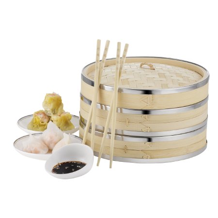 VonShef 10 Inch 2 Tier Premium Bamboo Steamer with Stainless Steel Banding - includes 2 Pairs of Chopsticks & 50 Wax Steamer Liners