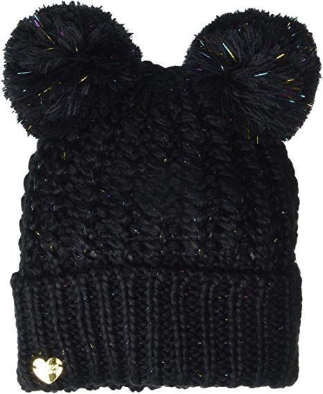 Betsey Johnson Women's Glow Up Cuff Hat with 2 Poms, black, One Size