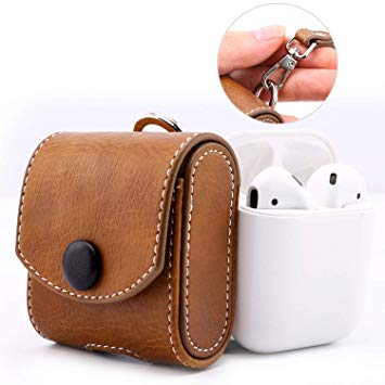 MoKo Case Fit AirPods 1/AirPods 2, Snap Closure Protective Cover Carrying Pouch Pocket, with Holding Strap, for Apple AirPods 1 & AirPods 2 Charging Case - Brown