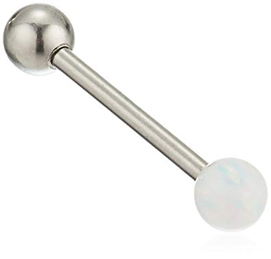 Body Candy Unisex Adult Stainless Steel White Synthetic Opal Ball Body Piercing Barbell Tongue Ring, White, One Size