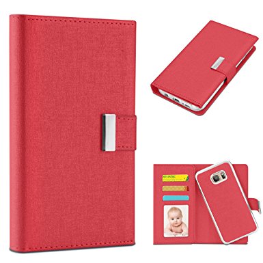 Galaxy S7 Edge Case, SAMONPOW PU Leather Detachable Folio Flip Galaxy S7 Edge Wallet Case Credit Card Holder Magnetic Closure Shockproof Soft Rubber Bumper Case for Galaxy S7 Edge - Red
