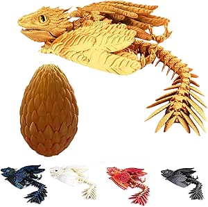 3D Printed Dragon with Eggs, Feathered Wyvern Dragon 3D Printed Crystal Dragon with Wings, Adjustable Wings Articulated Dragon, Fidget Dragon Toy (Golden Dawn Egg)