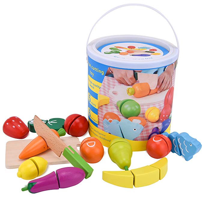 ROOYA BABY Kitchen Toys Wooden Pretend Play Food Set for Kids Cutting Fruits/Vegetables 13 Pieces- Child Development Toys & Kids Pretend Kitchen Playset Toy for Toddlers in a Portable Storage Bucket