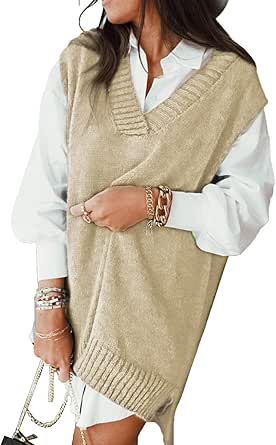 EVALESS Oversized Sweater Vest for Women V Neck Sleeveless Solid Color Loose Pullover Sweater