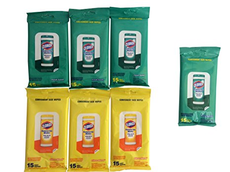 Clorox Disinfecting Wipes (7 Packs) Travel Size, 4 Fresh Scent Packages & 3 Citrus Scent Packages (105 Wipes Total) Value Pack To Go Bundle