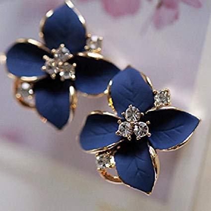 HuntGold 1Pair Flower Earring Fashion Women Ladies Rhinestone Ear Stud Earring(blue)