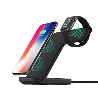 (QC 3.0 Adapter Included) FDGAO Wireless Charger 2 in 1 Fast Wireless Charging Stand Compatible with Apple Watch 3/2/1, iPhone Xs/XS MAX/X/8/8 Plus, Samsung Galaxy S9/S9 /S8 /Note8 and More-Black