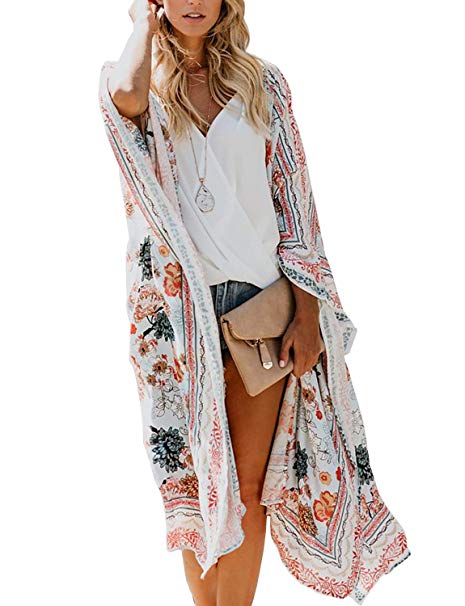 Women's Long Kimono Flowy Cardigan Boho Style Chiffon Floral Beach Cover Up Tops