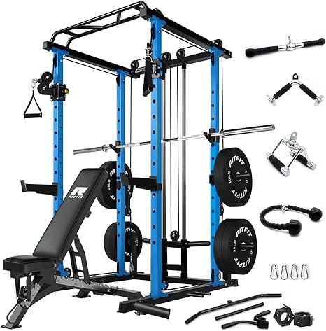 RitFit Power Cage with Optional LAT PullDown/Cable Crossover/Smith Machine System, 1000LB Squat Rack for Home & Garage Gym, with Weight Storage Rack and More Training Attachments, ASTM-Certified