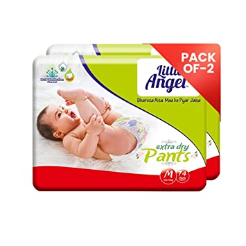 Little Angel Extra Dry Baby Pants Diaper, Medium (M) Size, 148 Count, Super Absorbent Core Up to 12 Hrs. Protection, Soft Elastic Waist Grip & Wetness Indicator, Pack of 2, 74 count/pack, Upto 5-11kg