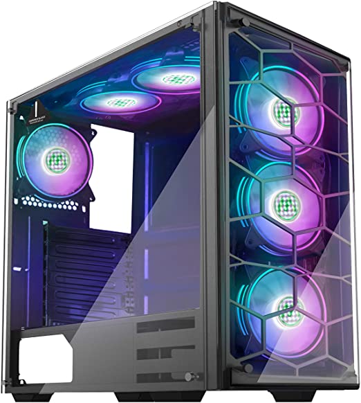 MUSETEX Phantom Black ATX Mid Tower Desktop Computer Gaming Case USB 3.0 Ports Tempered Glass Windows with 120mm LED RGB Fans Pre-Installed (907D6)