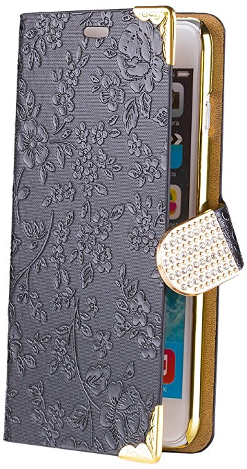 Apple iPhone 6/6S   PLUS (5.5 Inch) | iCues Chrome Flower Wallet Black | [Screen Protector Included] Floral Folio Flip Case Crystal Diamond Rhinestone Bling Glitter Women Girl