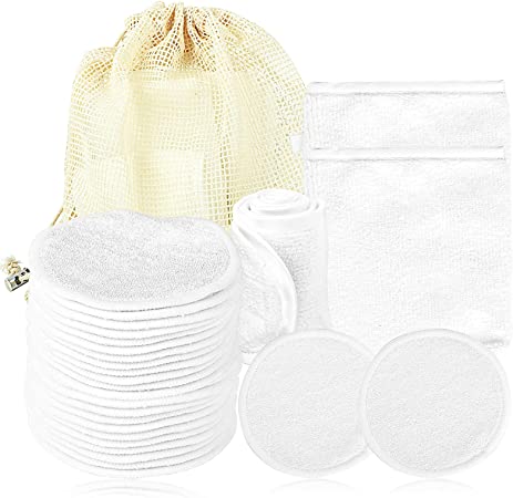 WOVTE 24 Pack Reusable Cotton Pads, Washable Makeup Remover Bamboo Rounds With 1 Washable Laundry Bag 1 Headband And 1 pair Makeup Remover Finger Cots For All Skin Types