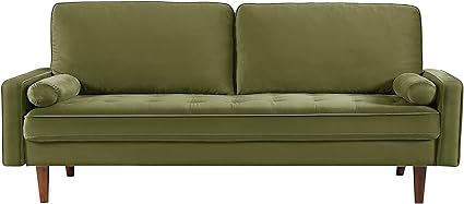 US Pride Furniture Velvet 70" Sofa Couch, Iconic Mid-Century Style Living Room Furniture with Contemporary Silhouette, Button Tufting and Wood Legs, Includes 2 Bolster Pillows, Olive Green
