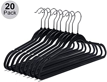 Quality Plastic Non Velvet Non-Flocked Thin Compact Hangers Black Swivel Hook (20)