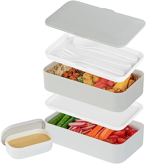 Restaurantware Bento Tek 41 oz Gray & White Buddha Box All-in-One Lunch Box - with Utensils, Sauce Cup - 7 1/4" x 4 1/4" x 4" - 1 count box